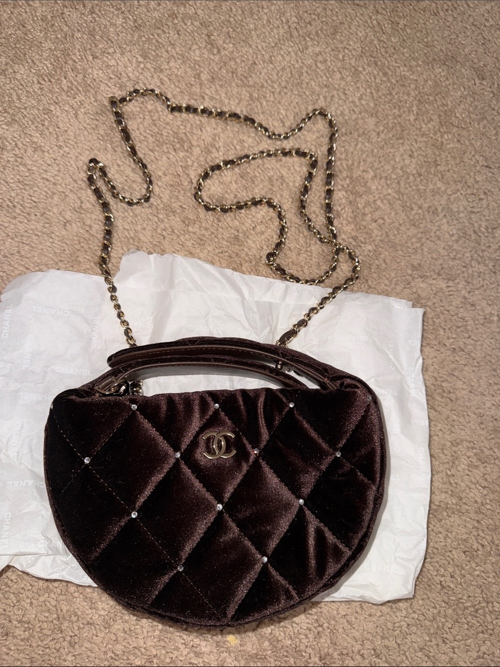 Quilted Velvet Shoulder Bag in Deep Brown with Chain Strap